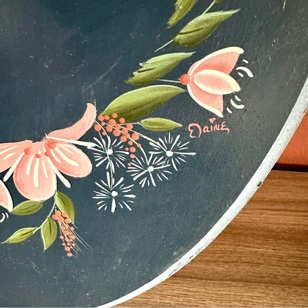 Hand Painted Flowers Wood Wall Plaque Oval Vintage Floral Folk Art Elaine Boho